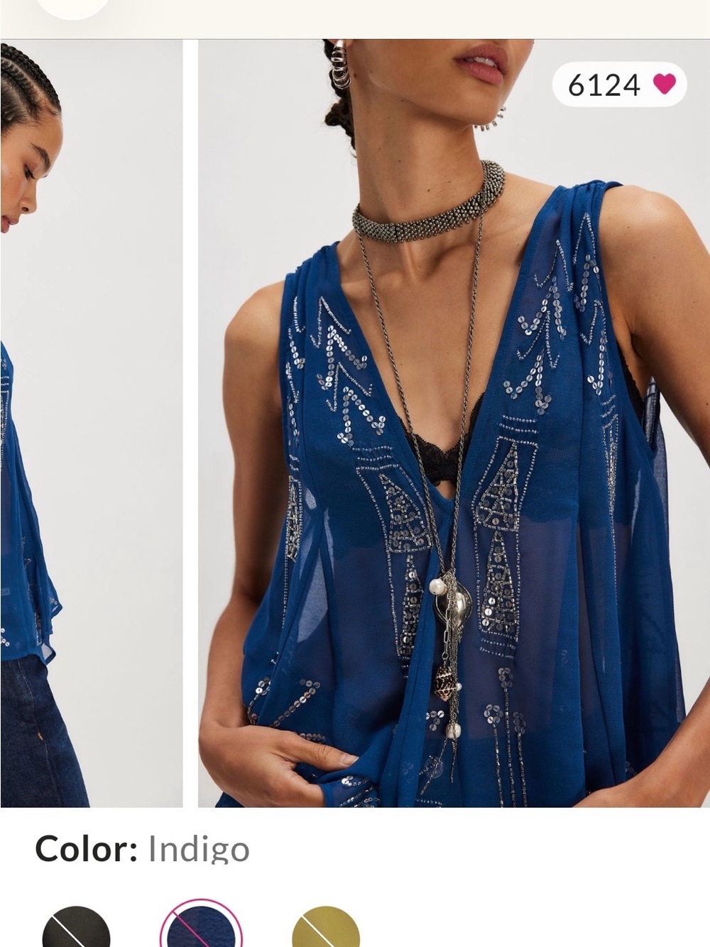 Indigo Beaded V-Neck Women’s Sleeveless Top S